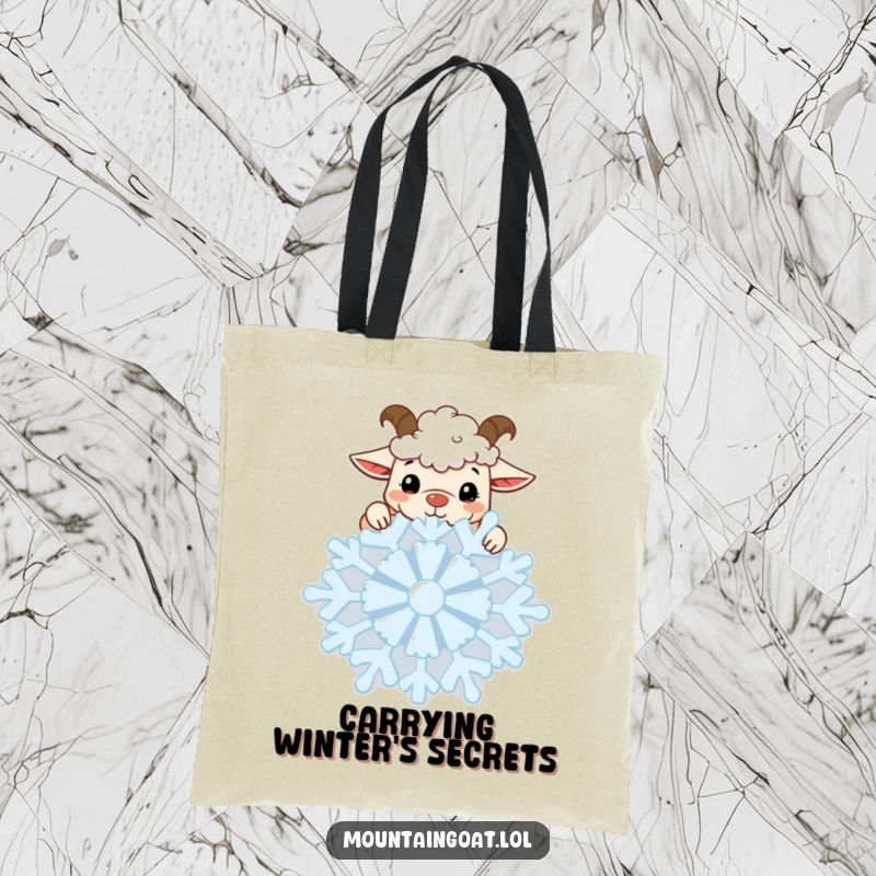 Funny Goat Snowflake Tote Bag: A kawaii goat peeks curiously over a giant snowflake, perfect for carrying winter items with humor.