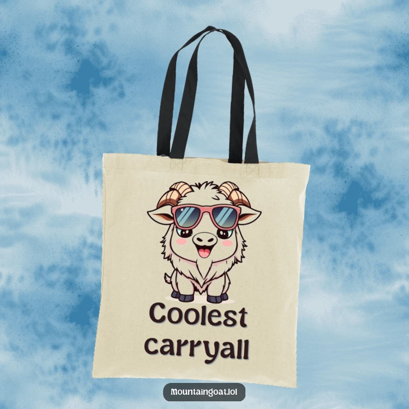 Funny Kawaii mountain goat tote bag featuring a smiling goat with oversized sunglasses, perfect for stylish carrying.