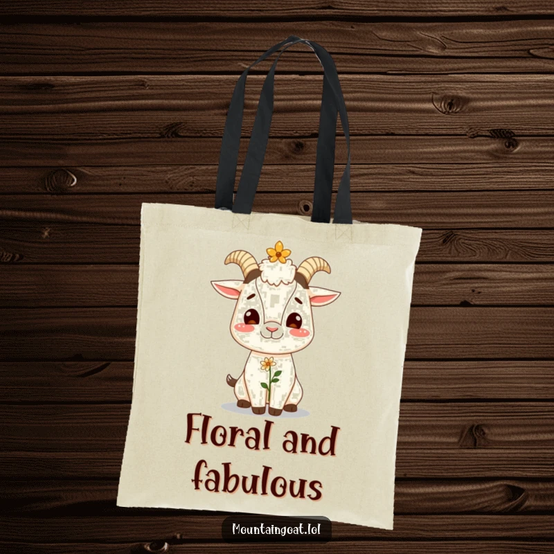 Funny tote bag featuring a giggling mountain goat balancing a flower on its nose, a whimsical and humorous accessory.