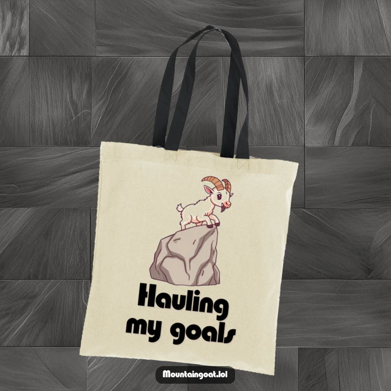 Funny brave mountain goat determinedly scaling a small cliff face, depicted on a durable tote bag for adventurous souls.