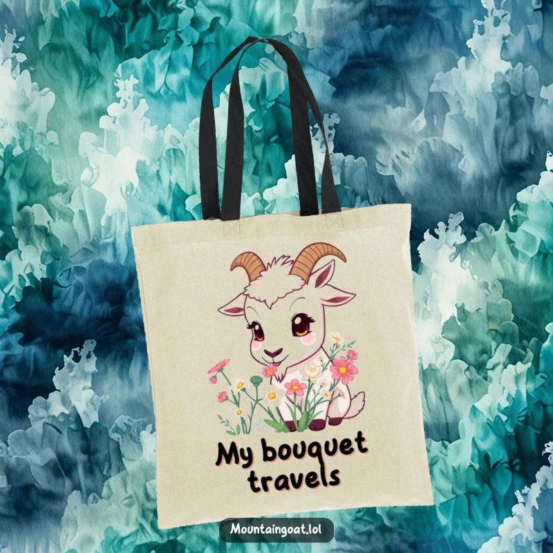 Funny Curious Goat Tote Bag: A charming goat with wide eyes enjoys the scent of a mountain flower bouquet.