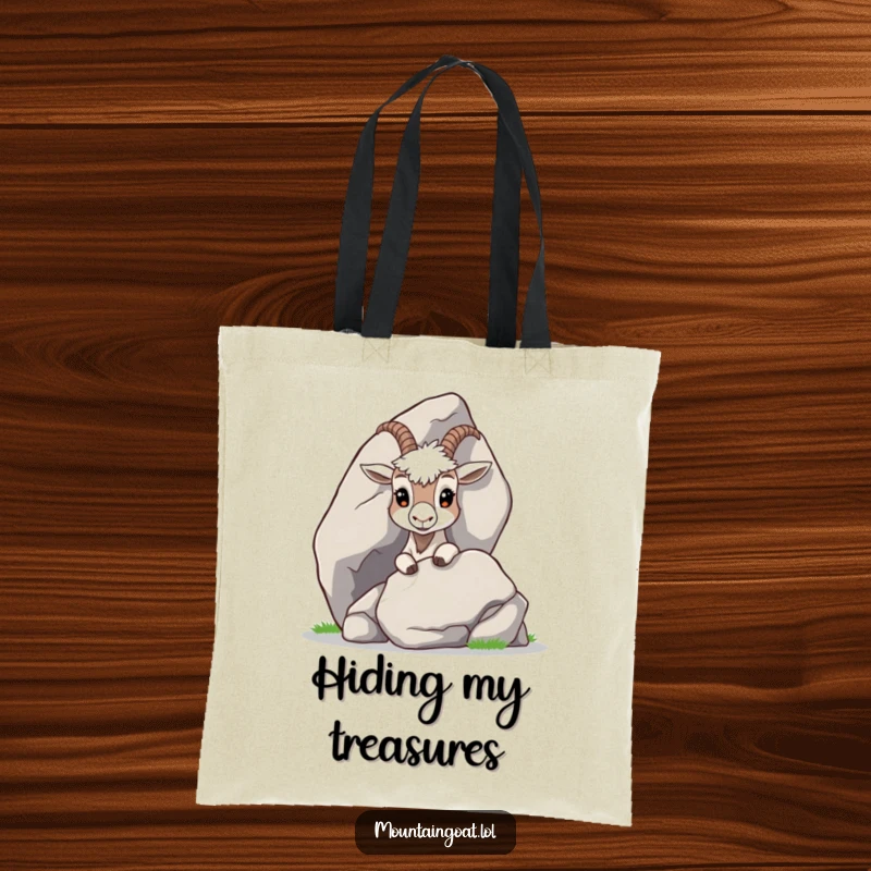 Funny Curious Goat Tote Bag: A charming tote bag depicting a curious mountain goat peeking from behind a large rock.
