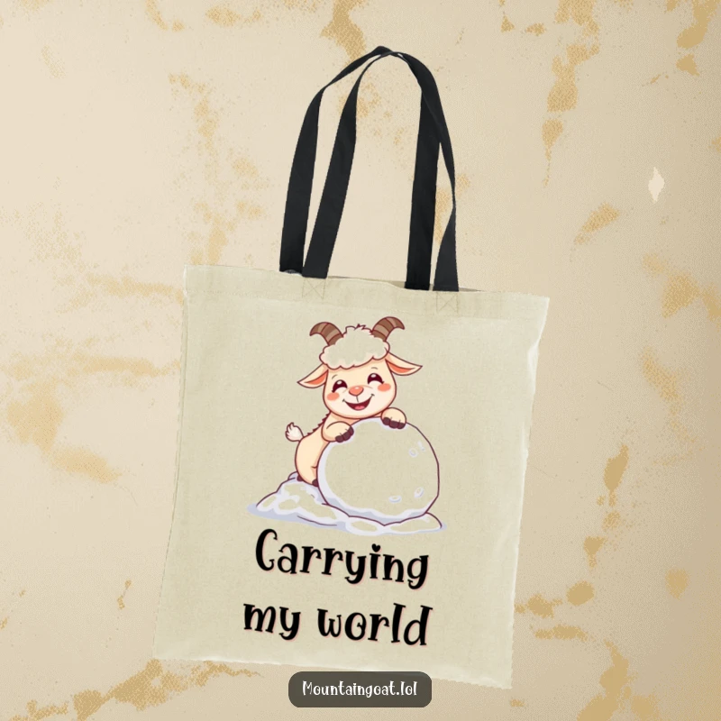 Funny giggling mountain goat playfully pushing a large snowball, illustrated on a durable, stylish tote bag for everyday fun.
