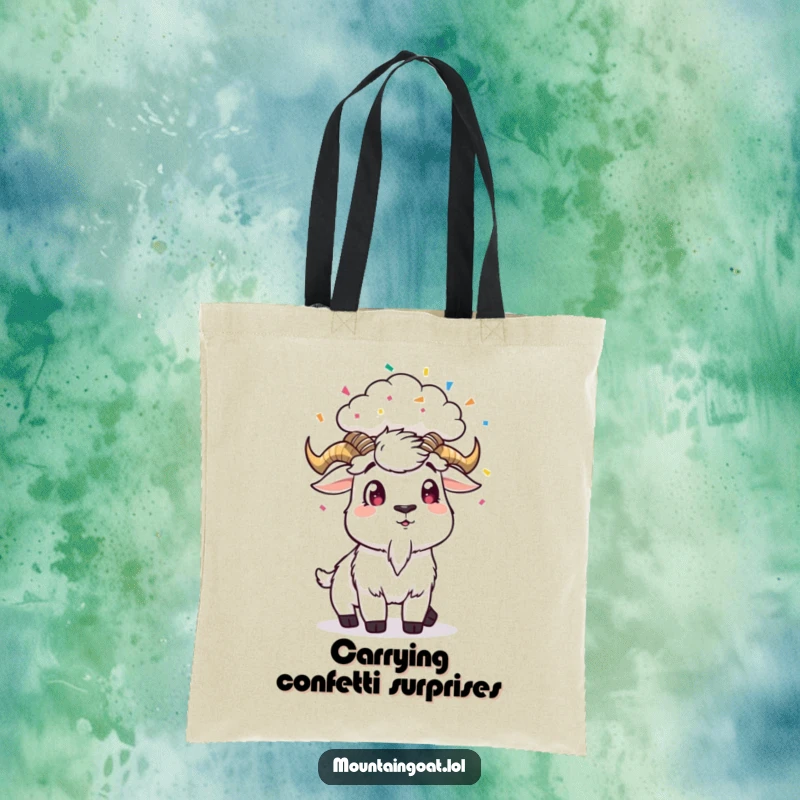 Funny Tote Bag: A mountain goat is surprised by a cloud raining confetti, a festive and humorous design.
