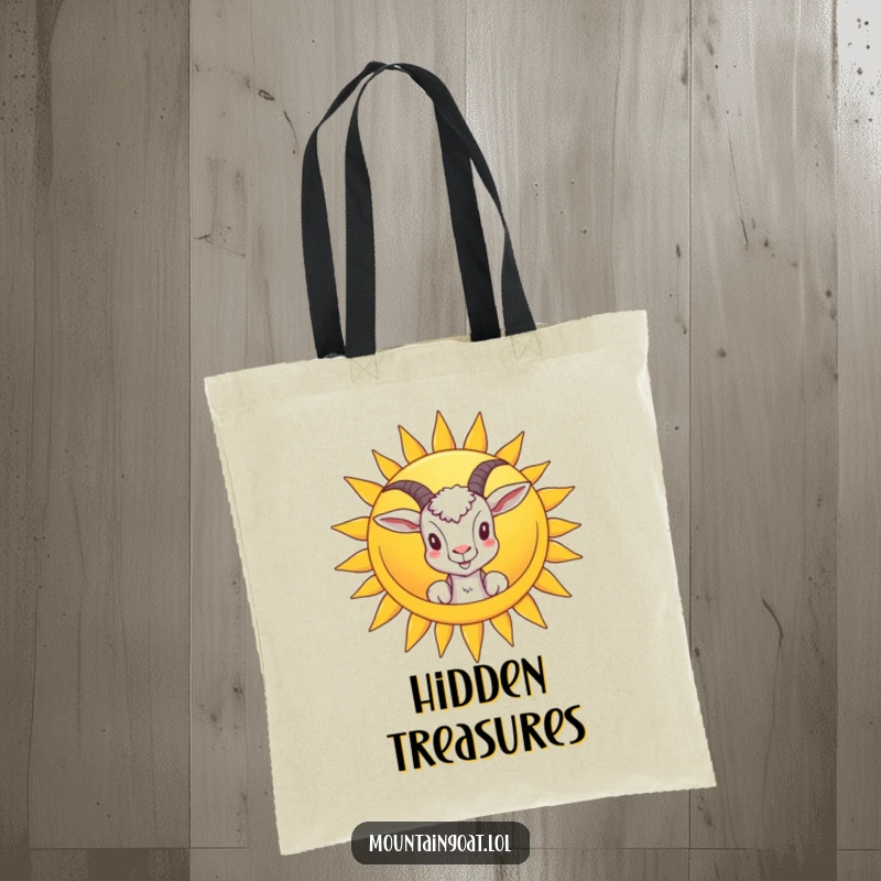 Funny tote bag illustration of a goat peeking from behind a smiling sun, practical for carrying items and spreading cheer.