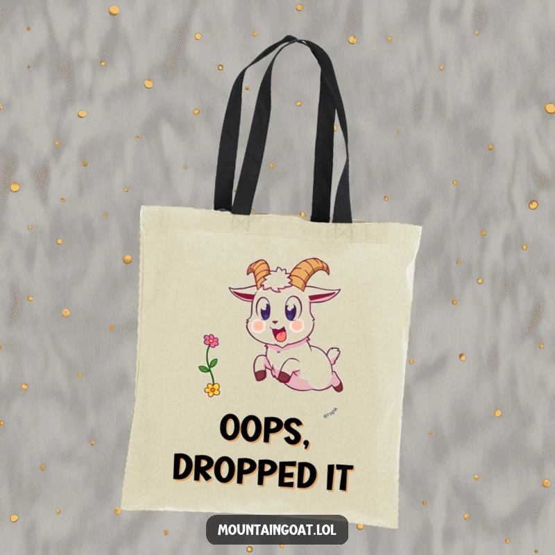 Funny goat surprise tote bag, a startled mountain goat leaping backward, dropping a flower in a moment of comical shock.