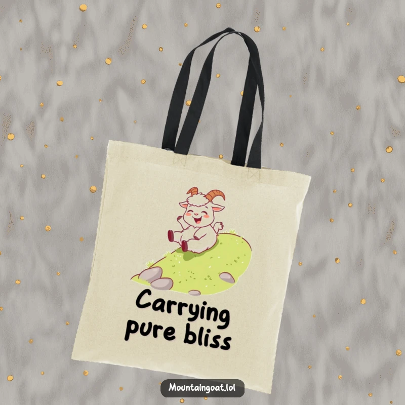 Funny joyous mountain goat tote bag, playfully sliding down a gentle grassy slope, a fun and practical accessory for everyday use.