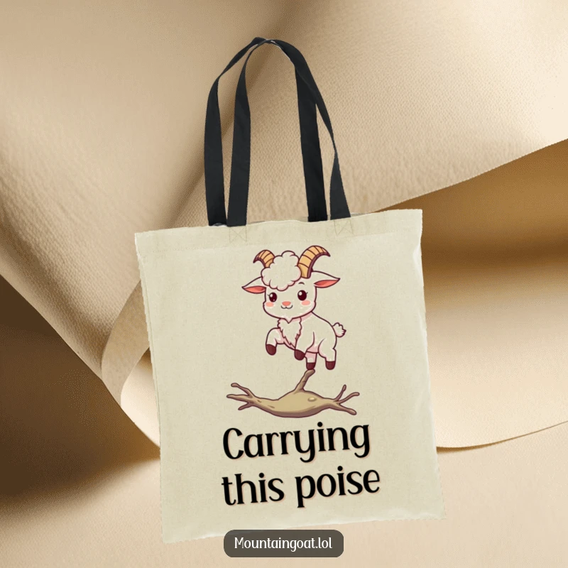 Funny kawaii mountain goat balancing perfectly on a thin branch, a symbol of grace and humor on a tote bag.