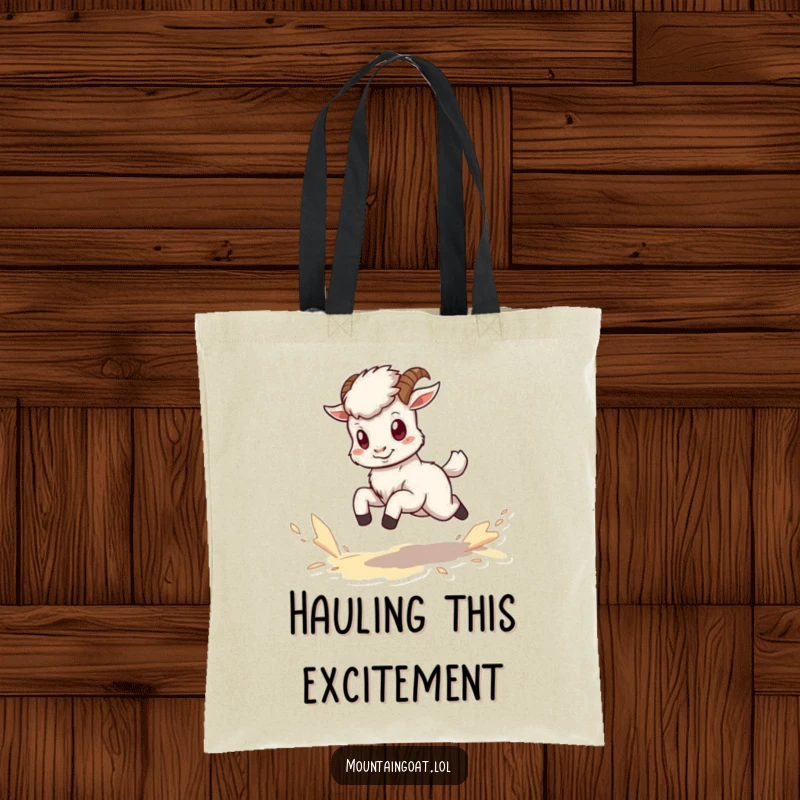 Funny kawaii goat tote bag showing a tiny, energetic goat kicking up dust while running.
