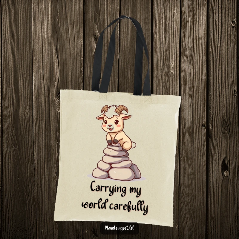Funny kawaii mountain goat meticulously balancing a stack of rocks, designed on a durable tote bag.