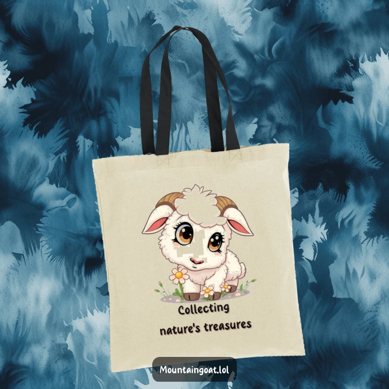 Funny kawaii mountain goat curiously sniffing a flower, making this tote bag a sweet and functional accessory.