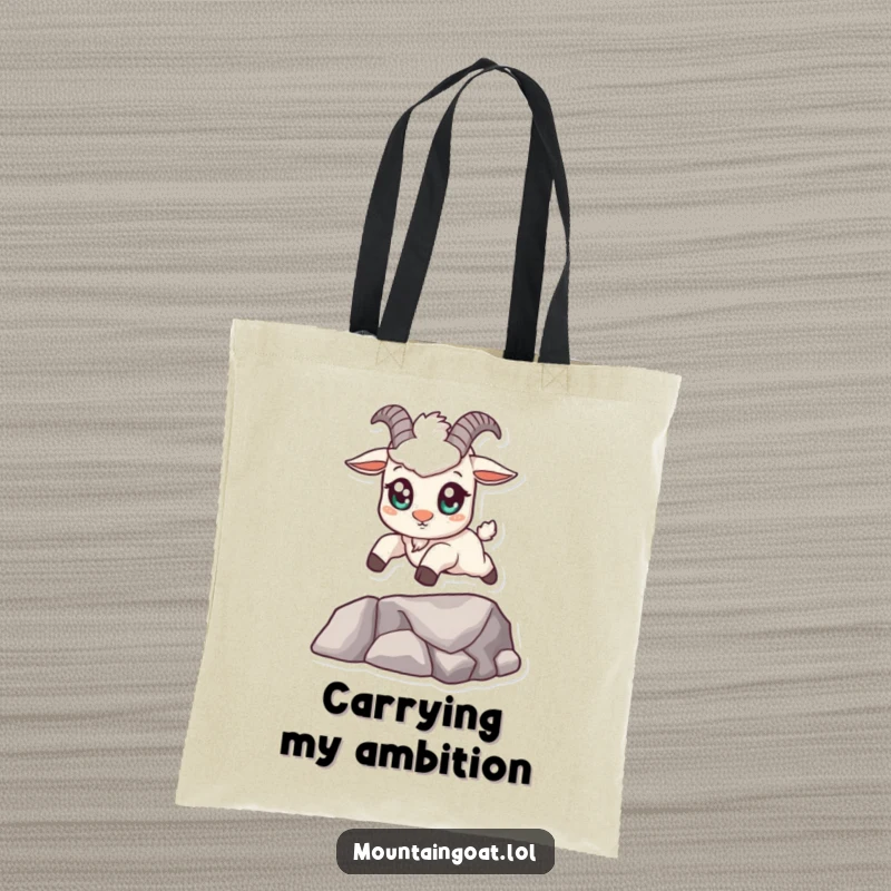 Funny kawaii mountain goat tote bag with big eyes, confidently leaping across a small gap, perfect for carrying daily essentials with humor.