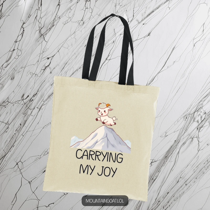 Funny kawaii mountain goat skipping joyfully on mountaintop clouds, showcased on a trendy and practical tote bag.