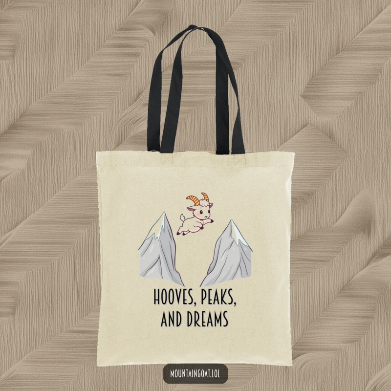 Funny Mountain Goat Tote Bag: A kawaii goat is captured mid-leap over mountain tops, bringing a whimsical flair to your carry-all.