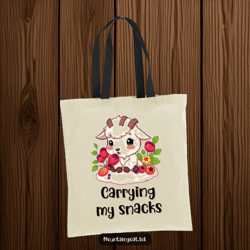 Funny mountain goat happily munching vibrant berries, nature tote bag, durable humorous bag, stylish funny gift.
