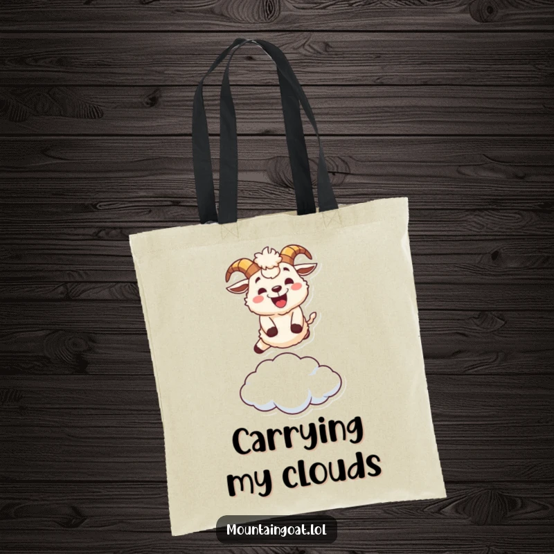 Funny fluffy mountain goat character tote bag, leaping over a small cloud with a wide grin, perfect for carrying joy.