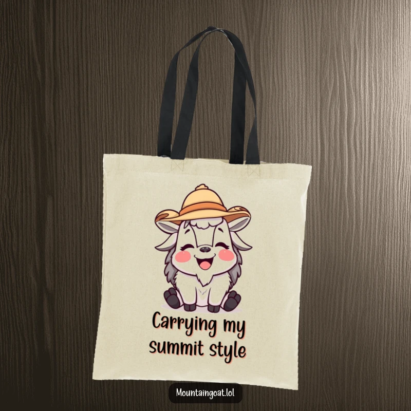 Funny mountain goat tote bag depicting a joyful, laughing goat character wearing a tiny, jaunty hat, ideal for shopping and daily use.