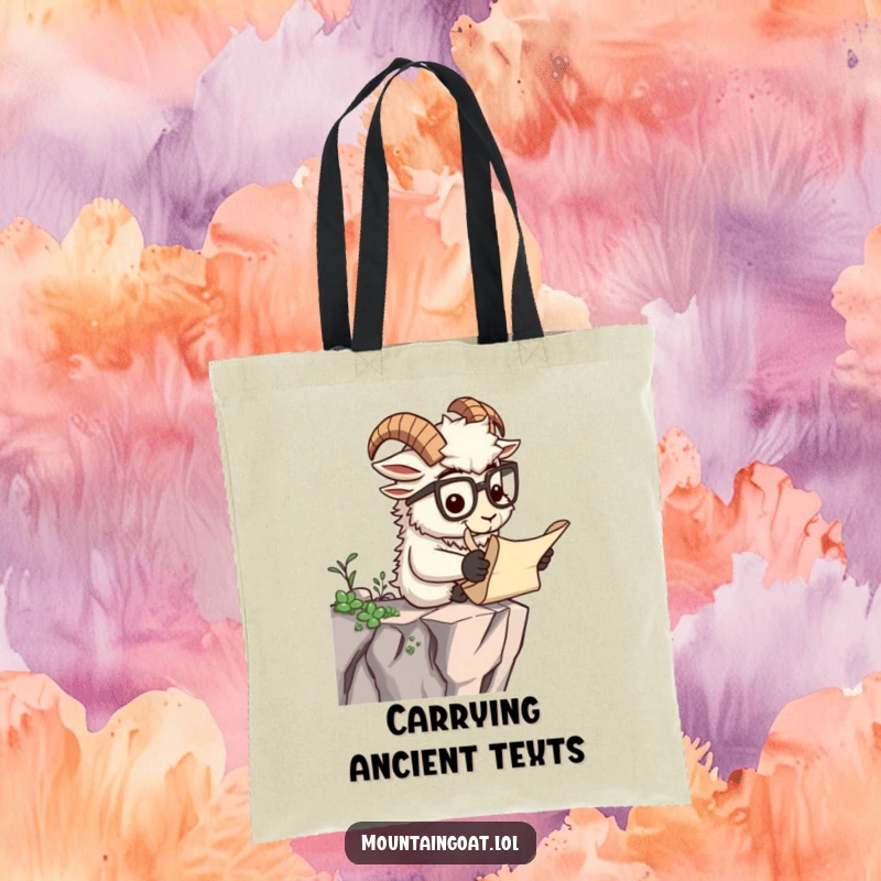 Funny tote bag with a studious mountain goat wearing spectacles, reading a scroll on a cliff, a humorous bookish accessory.