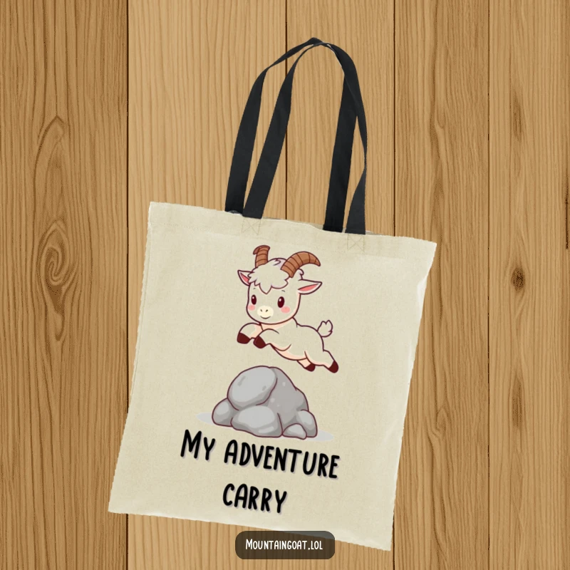 Funny kawaii mountain goat with small horns, mid-leap over a tiny rock, a cute and functional tote bag.