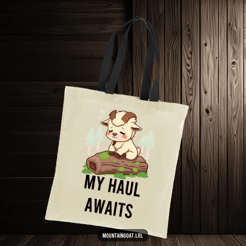 Funny tired mountain goat sighing contentedly on a mossy log, illustrated on a practical tote bag for everyday calm.