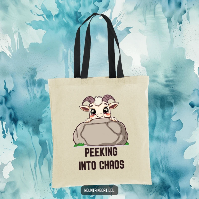 Funny curious mountain goat tote bag, peeking over a large boulder with wide pupils, a practical and humorous accessory for explorers.