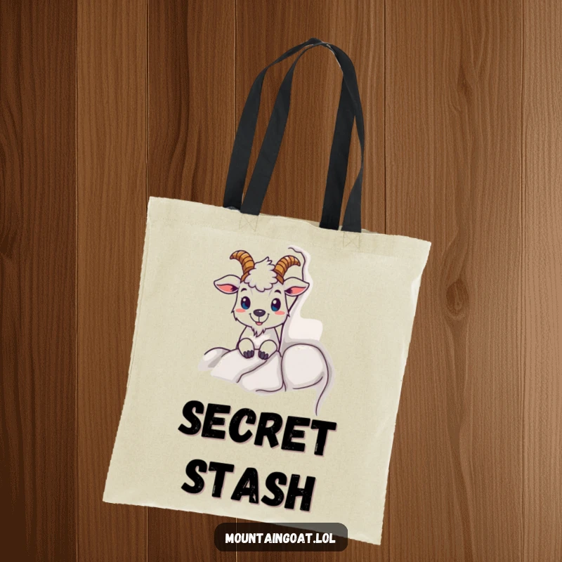 Funny tote bag featuring a mountain goat character peeking from behind a rock, designed for carrying essentials with a touch of playful curiosity.